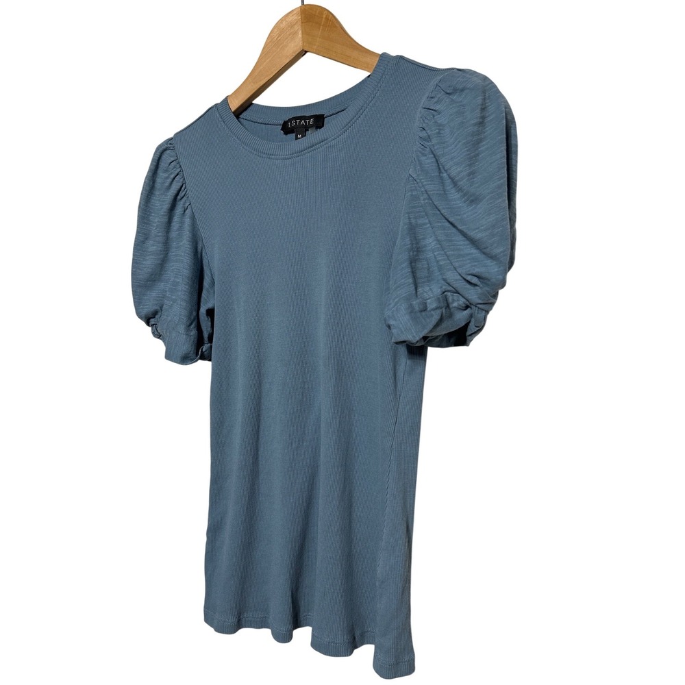 1 STATE Puff Sleeve Rib Knit T-Shirt Blue‎ Size Medium Retail: $49